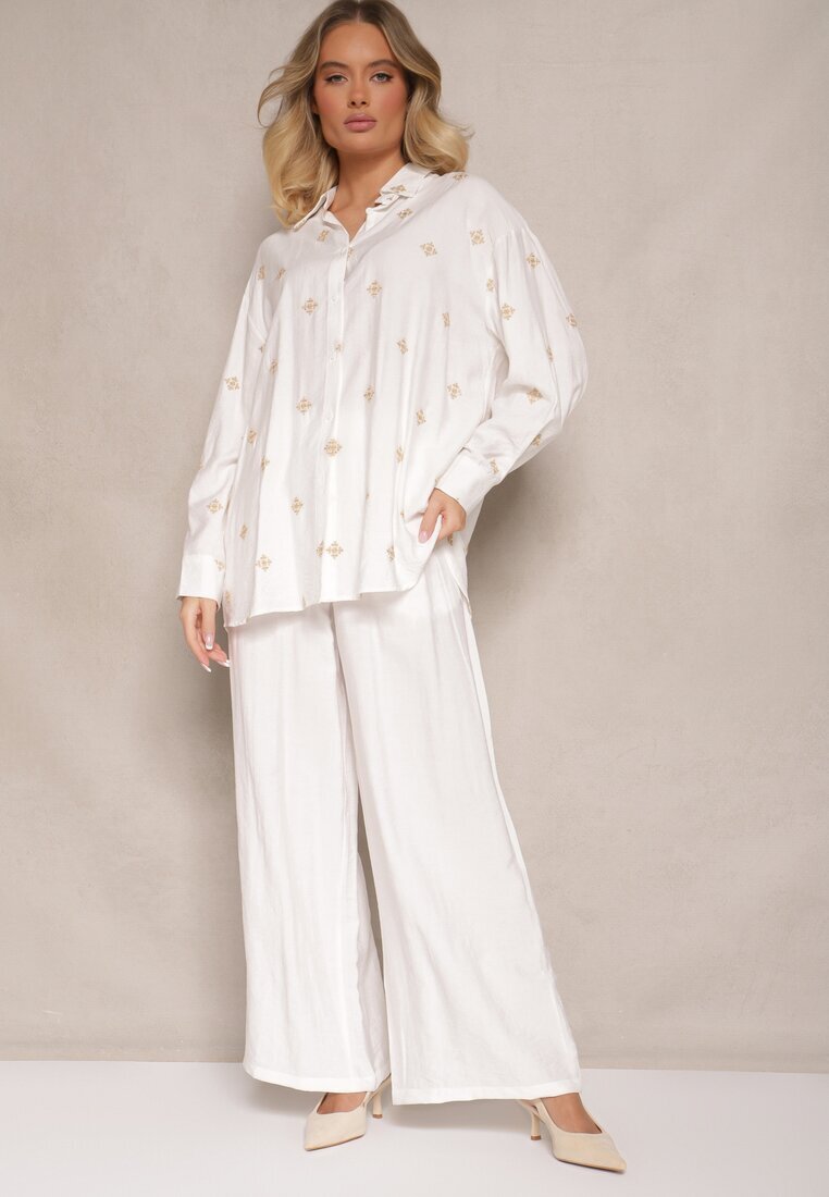  Set Alb din Viscoză Cămașă Decorată cu Broderie și Pantaloni Largi Hanarella