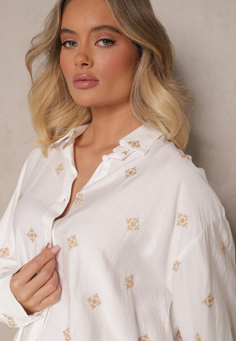  Set Alb din Viscoză Cămașă Decorată cu Broderie și Pantaloni Largi Hanarella