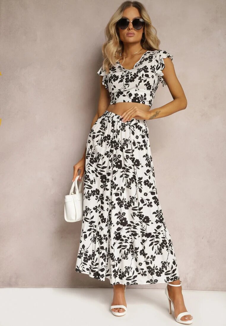  Set Alb-Negru Viscoză cu Imprimeu Floral cu Bluză și Fustă Cloș Pienara