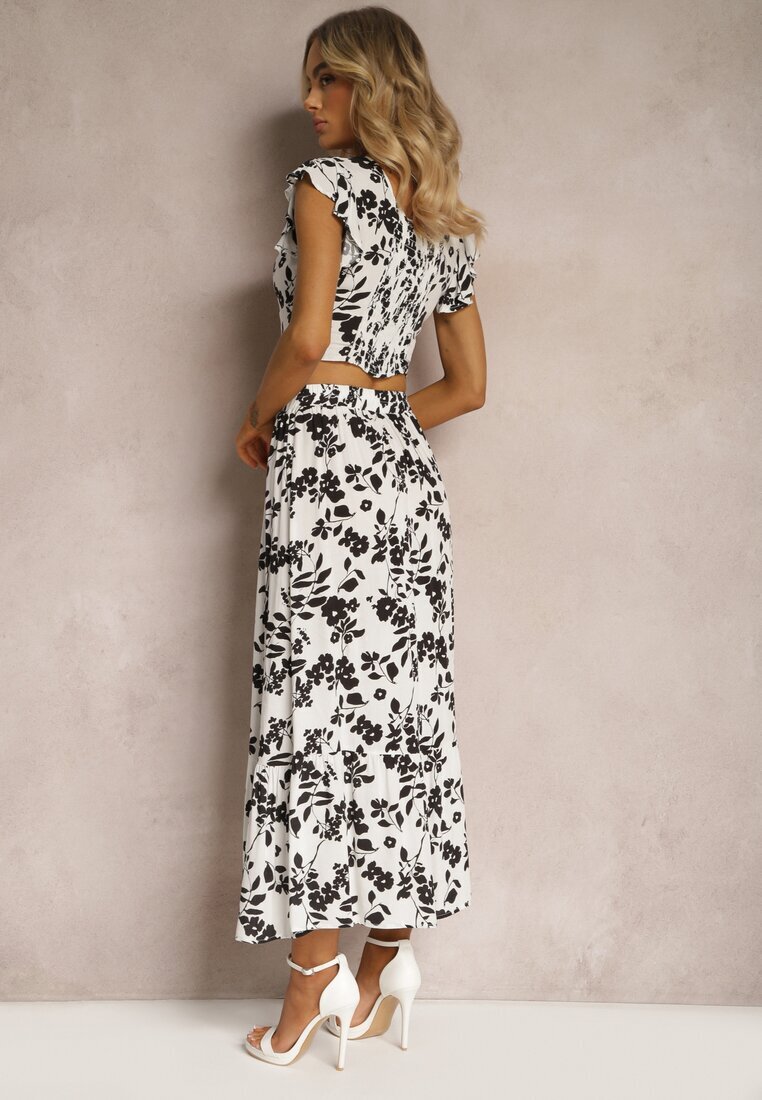  Set Alb-Negru Viscoză cu Imprimeu Floral cu Bluză și Fustă Cloș Pienara