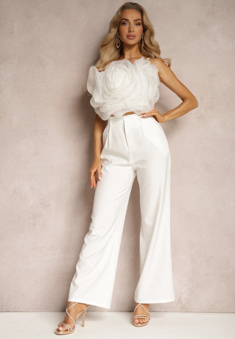  Set Alb Pantaloni de costum Top cu Aplicație 3D pe Bretele Reglabile