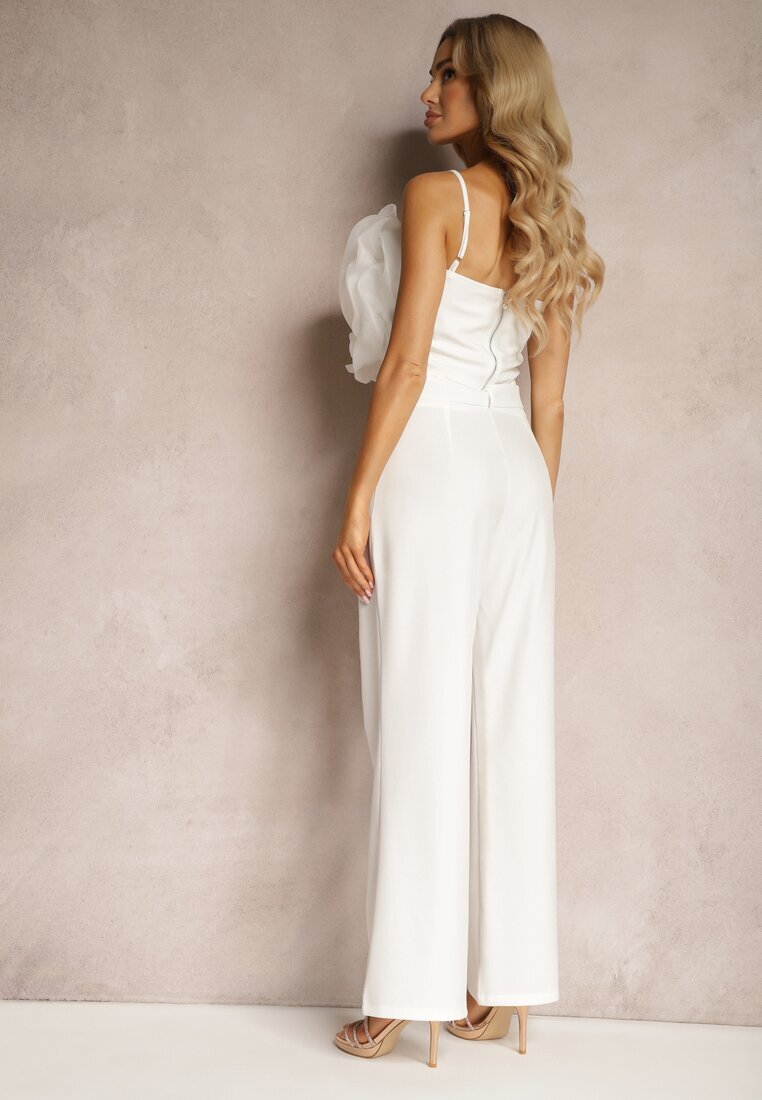  Set Alb Pantaloni de costum Top cu Aplicație 3D pe Bretele Reglabile