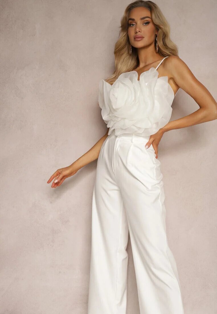  Set Alb Pantaloni de costum Top cu Aplicație 3D pe Bretele Reglabile