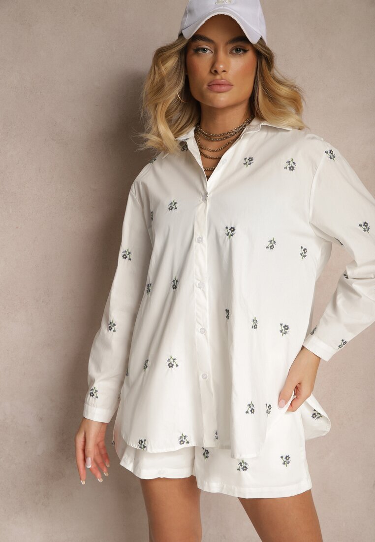  Set Alb Pantaloni scurți și Cămașă din Viscoză și Bumbac cu Flori Mici Brodate Olirwena