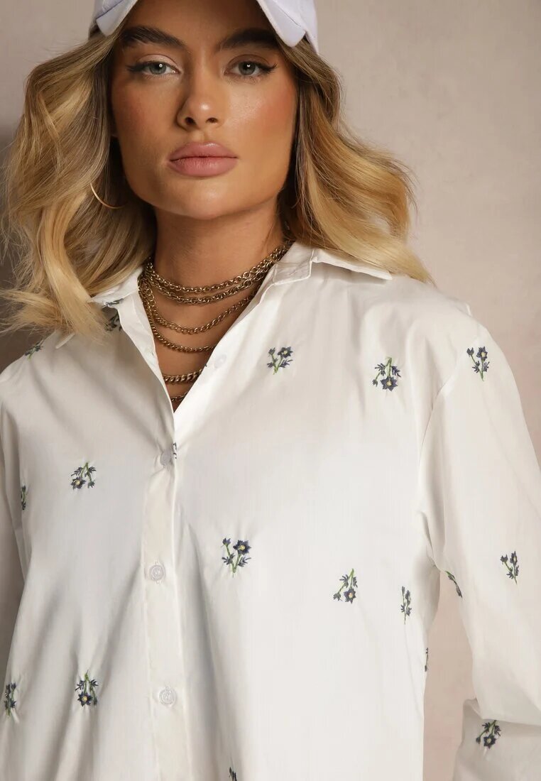  Set Alb Pantaloni scurți și Cămașă din Viscoză și Bumbac cu Flori Mici Brodate Olirwena