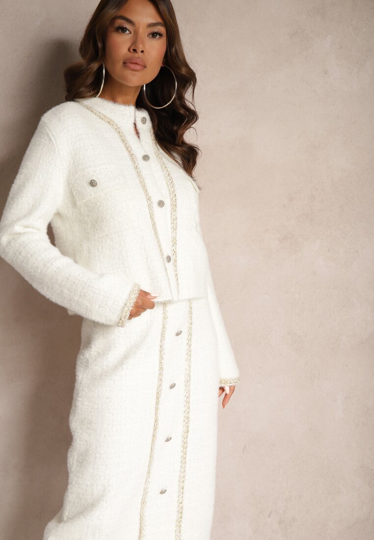  Set Alb retro din viscoză din tricot cu fir lung Cardigan și Fustă Sailine