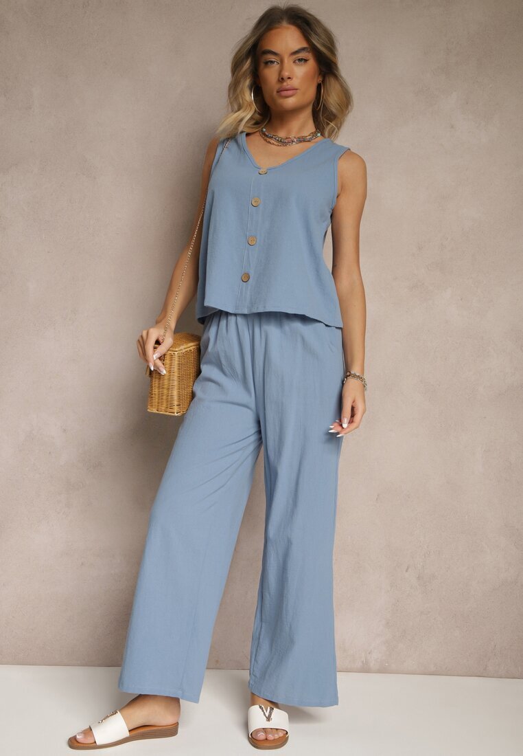  Set Albastru din Bumbac Bluză cu Nasturi Pantaloni Largi cu Elastic în Talie Floricella