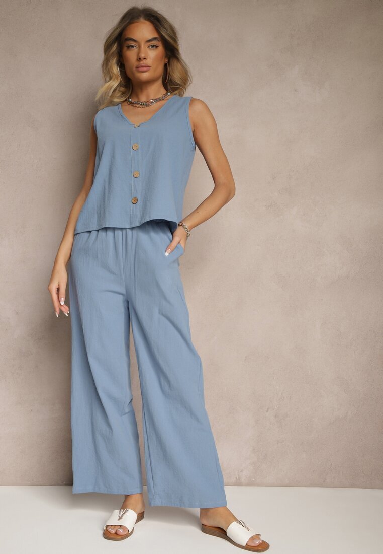  Set Albastru din Bumbac Bluză cu Nasturi Pantaloni Largi cu Elastic în Talie Floricella