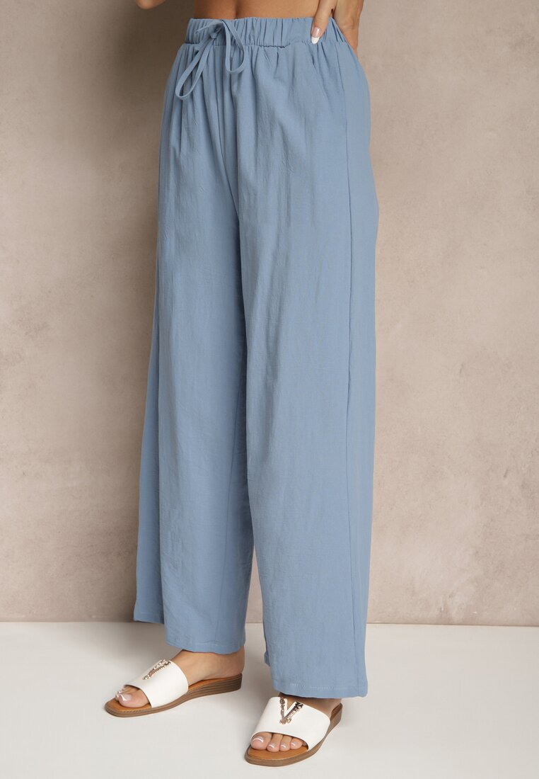  Set Albastru din Bumbac Bluză cu Nasturi Pantaloni Largi cu Elastic în Talie Floricella