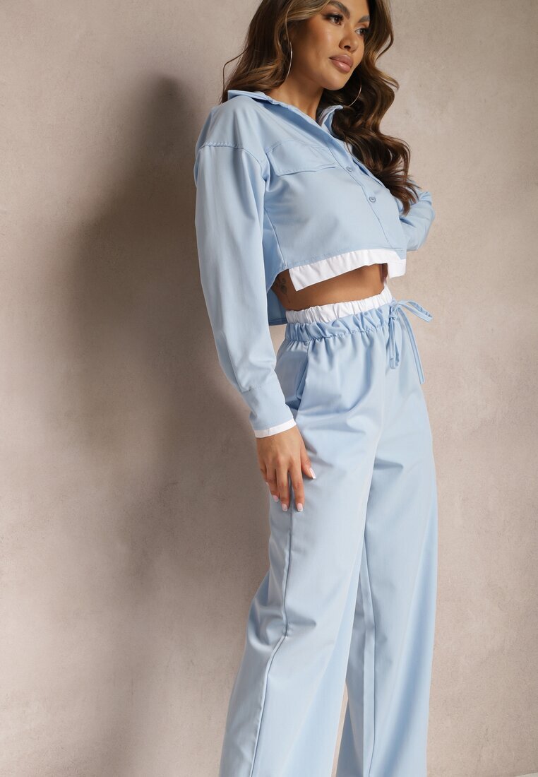  Set Albastru Utility cu Cămașă Scurtă și Pantaloni Larghi cu Elastic în Talie Ondina