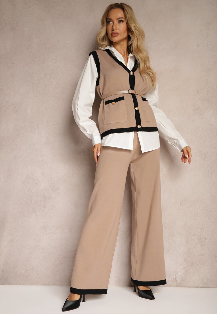  Set Bej cu adaos de viscoză Pantaloni largi Vestă cu curea Cămașă Armelia