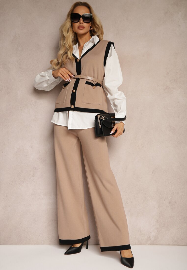  Set Bej cu adaos de viscoză Pantaloni largi Vestă cu curea Cămașă Armelia