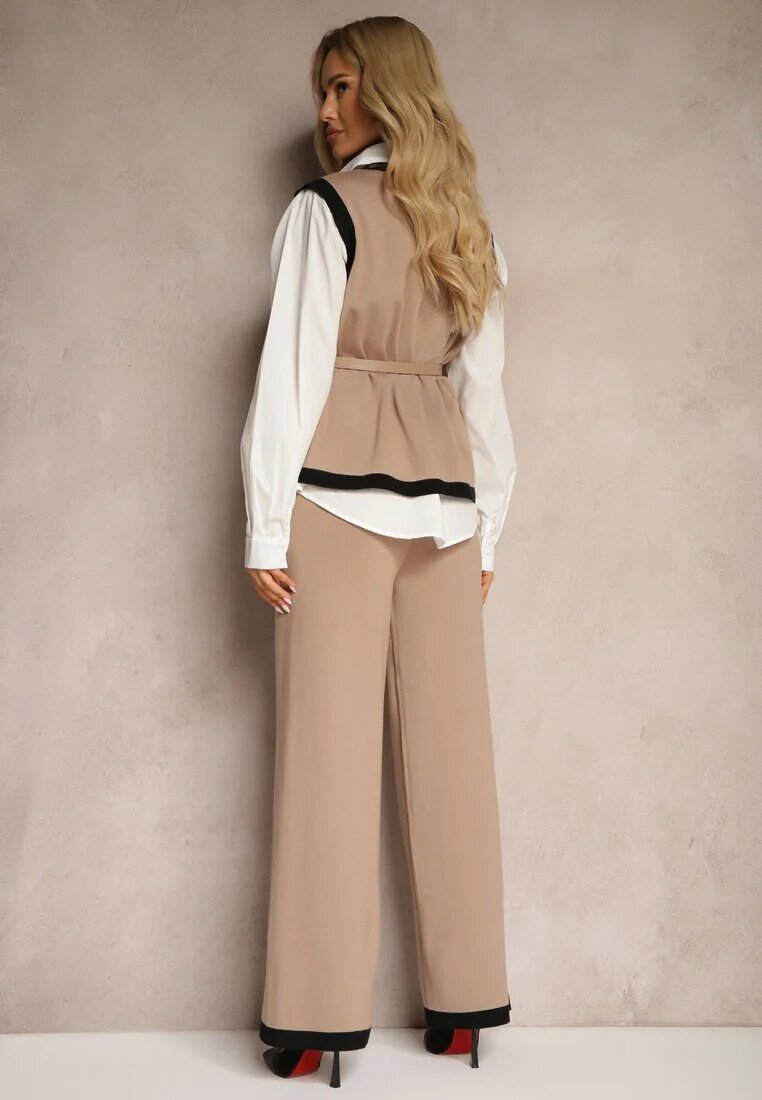  Set Bej cu adaos de viscoză Pantaloni largi Vestă cu curea Cămașă Armelia