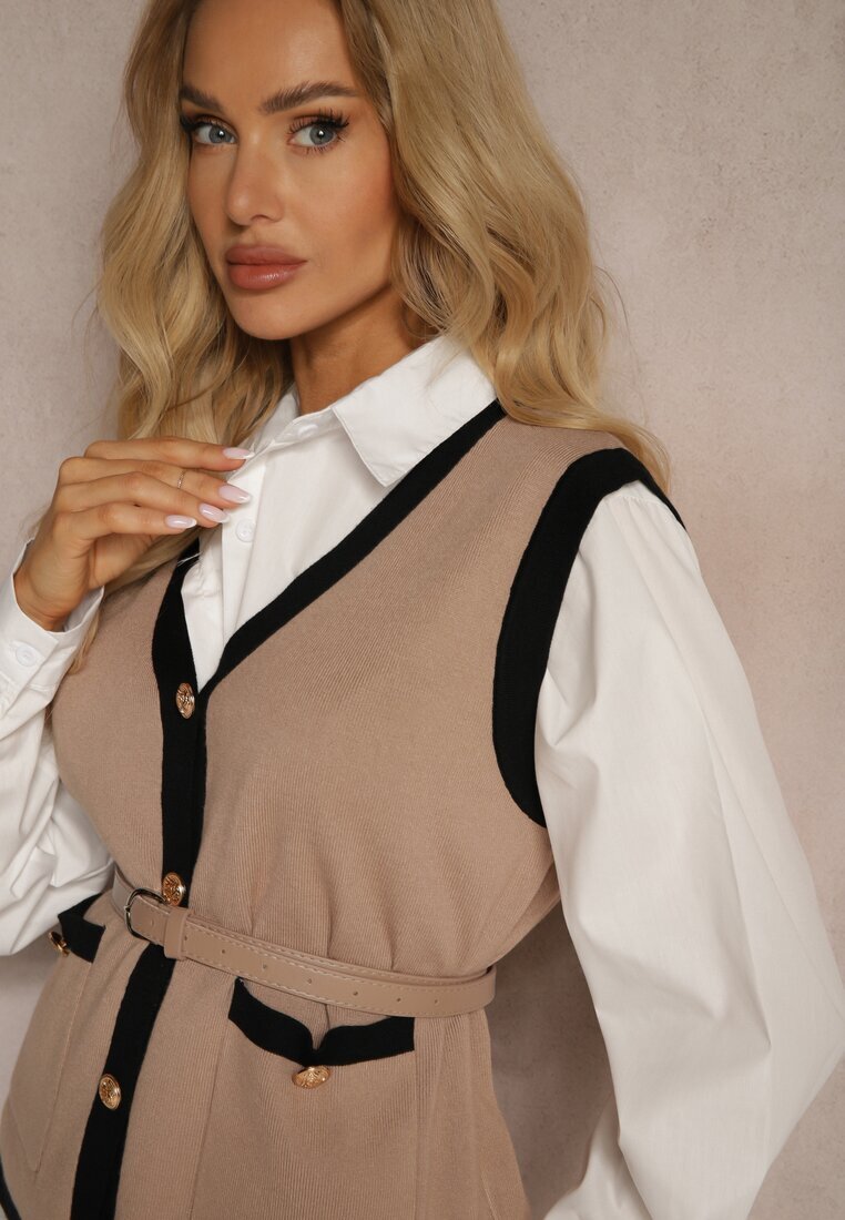  Set Bej cu adaos de viscoză Pantaloni largi Vestă cu curea Cămașă Armelia