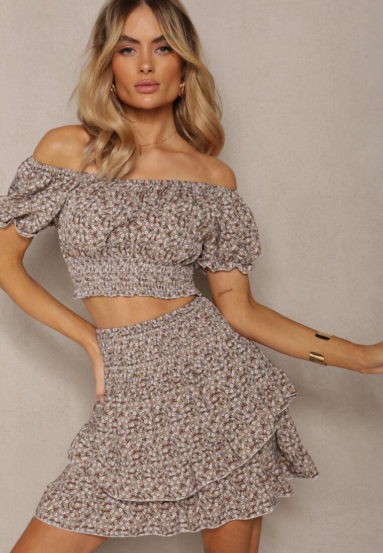  Set Bej cu Flori 2 Piese Top Stil Carmen și Fustă cu Volan Crispa