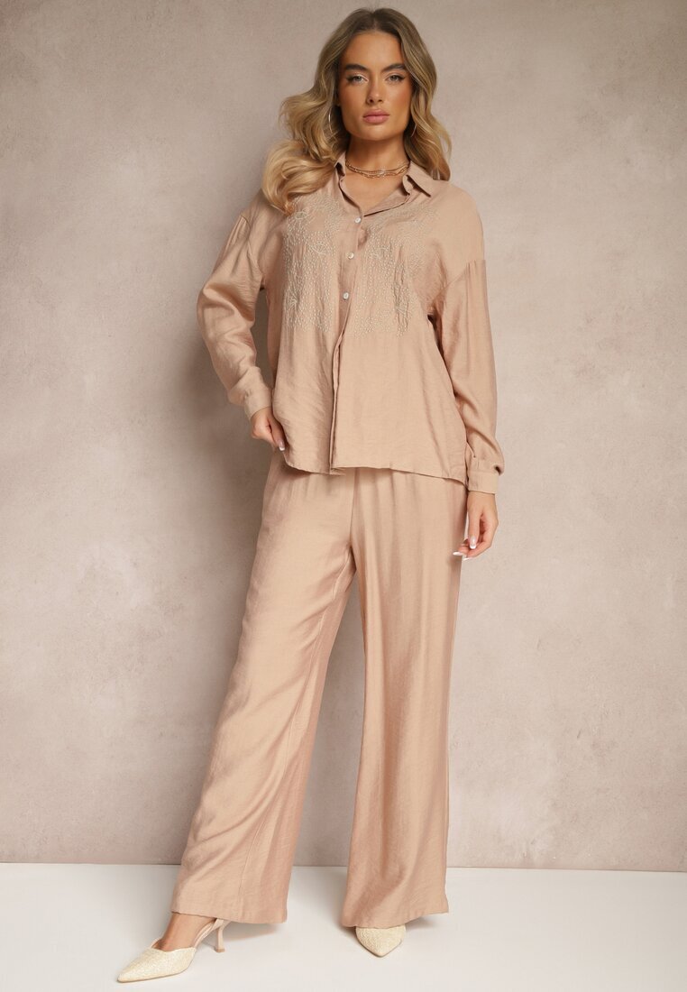  Set Bej cu Viscoză Pantaloni largi și Cămașă cu Broderie Etno Nolabina