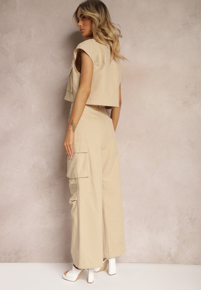  Set Bej din Bumbac Pantaloni stil cargo Cămașă încheiată cu nasturi cu Buzunare Dimnas
