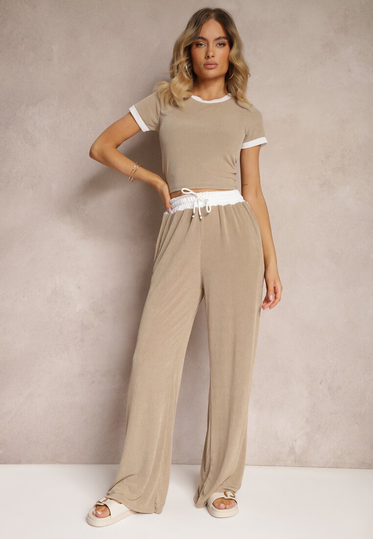  Set Bej din material reiat Tricou Pantaloni largi cu elastic în talie Alandrea