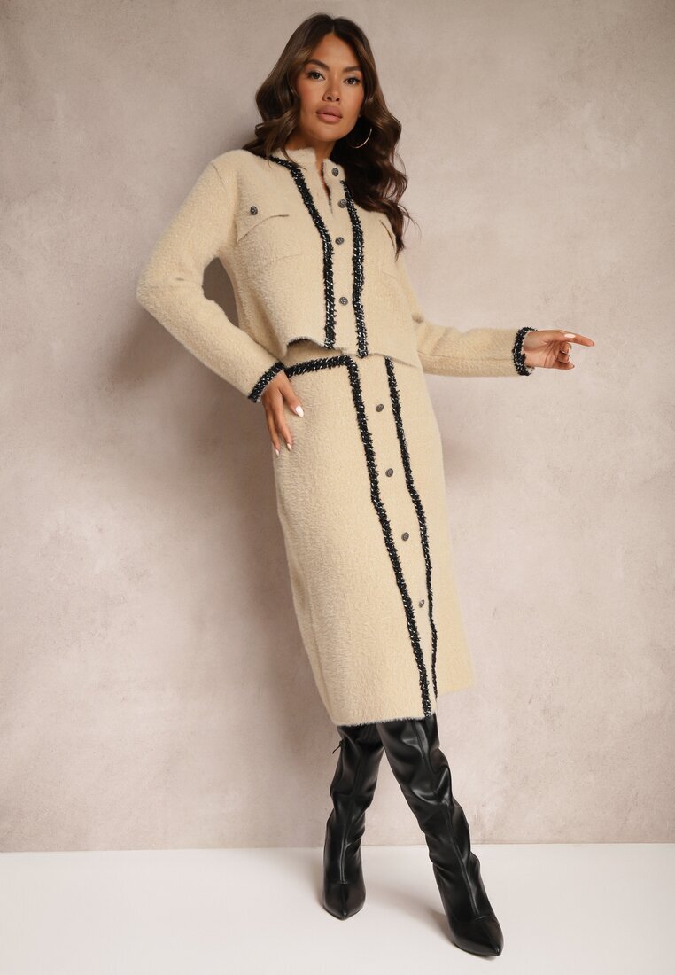  Set Bej din Vâscoză Retro din Tricot cu Păr Lung Cardigan și Fustă Sailine