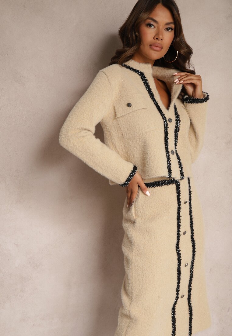  Set Bej din Vâscoză Retro din Tricot cu Păr Lung Cardigan și Fustă Sailine