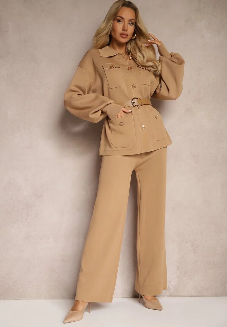  Set Bej din Viscoză Pantaloni cu Croială Largă și Cardigan cu Nasturi Decorativi și Cordon Creona