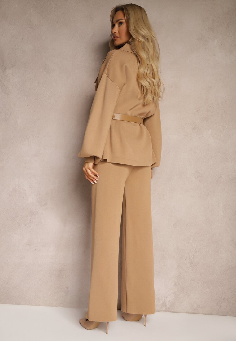  Set Bej din Viscoză Pantaloni cu Croială Largă și Cardigan cu Nasturi Decorativi și Cordon Creona
