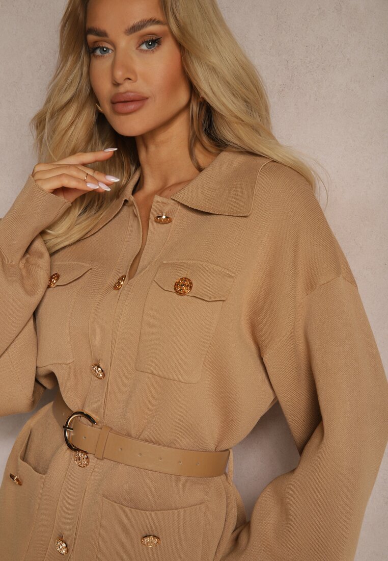  Set Bej din Viscoză Pantaloni cu Croială Largă și Cardigan cu Nasturi Decorativi și Cordon Creona