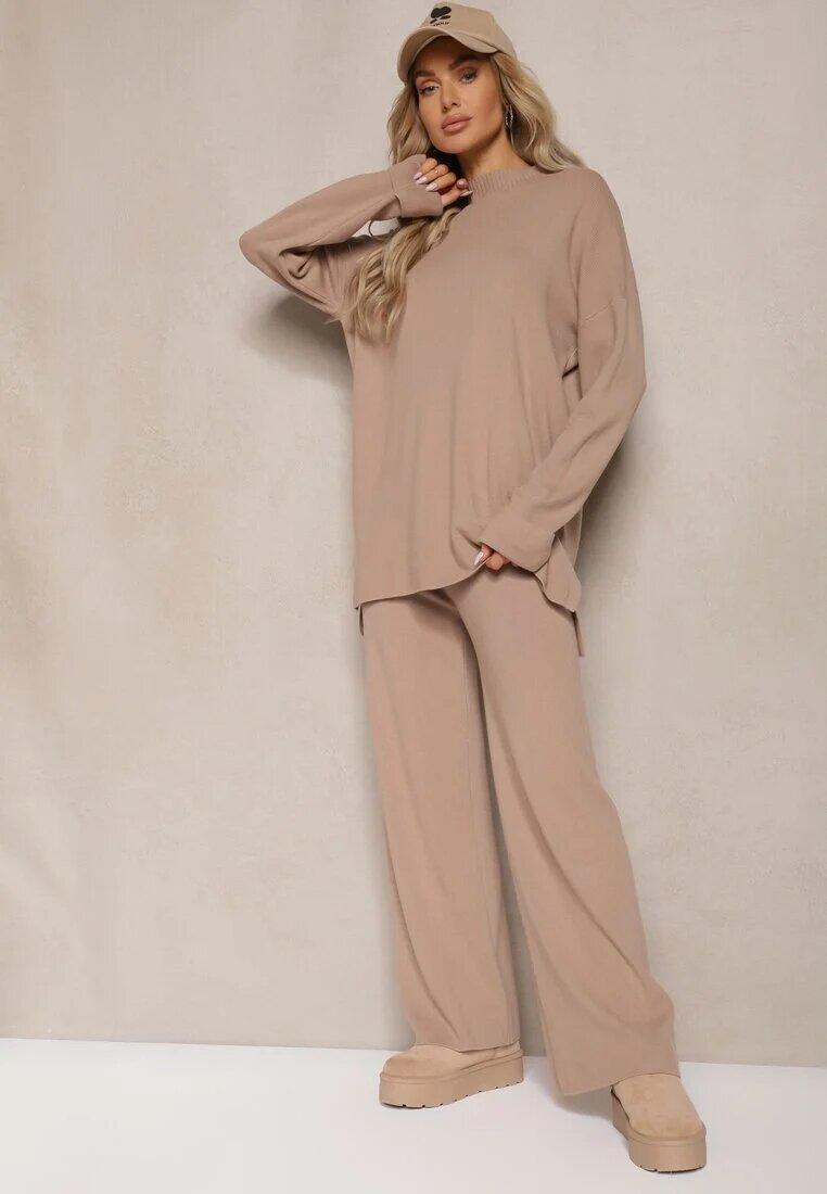  Set bej închis 2 piese din Tricot cu Viscoză Pulover cu Semiguler și Pantaloni cu Elastic Firiala