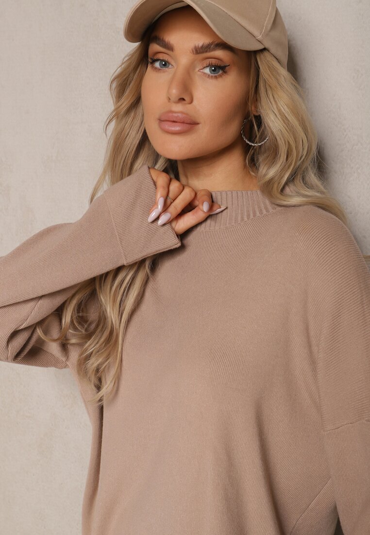  Set bej închis 2 piese din Tricot cu Viscoză Pulover cu Semiguler și Pantaloni cu Elastic Firiala