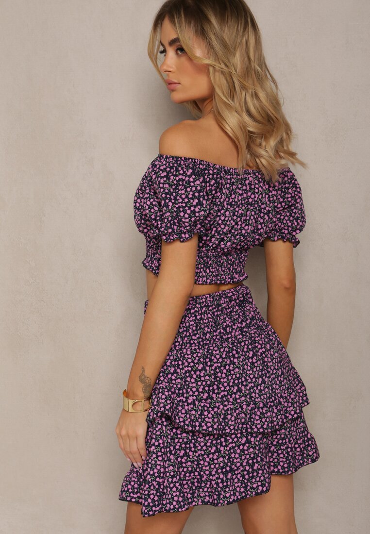  Set bleumarin cu flori din 2 piese Top stil spaniol și Fustă cu volan Crispa