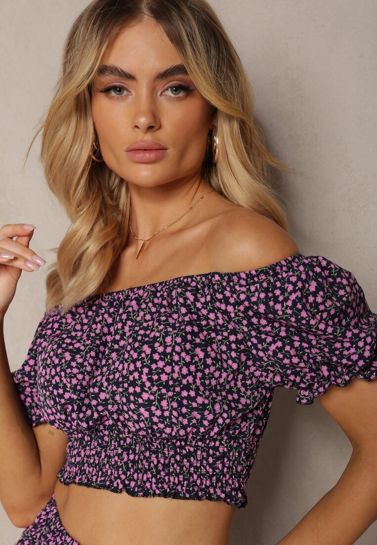  Set bleumarin cu flori din 2 piese Top stil spaniol și Fustă cu volan Crispa