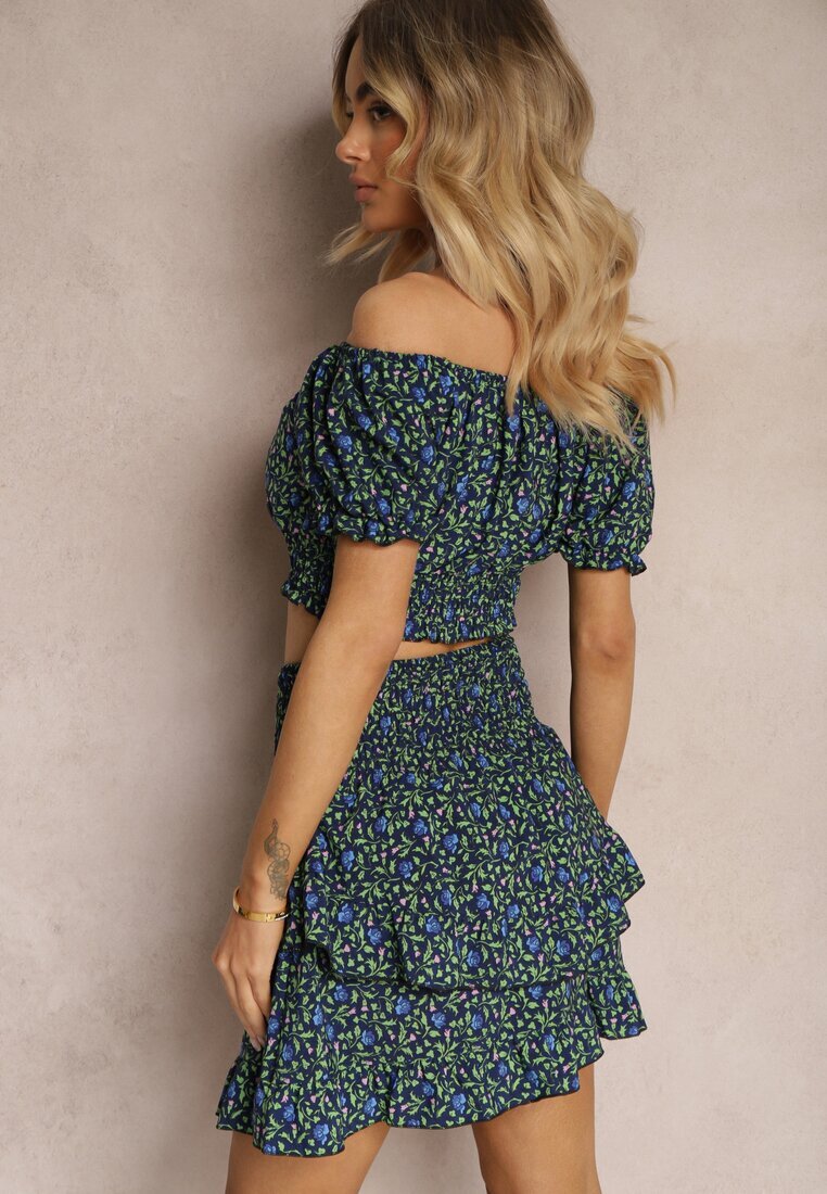  Set Bleumarin Floral Bluză Carmen Fustă cu volane și elastic în talie Ristelle