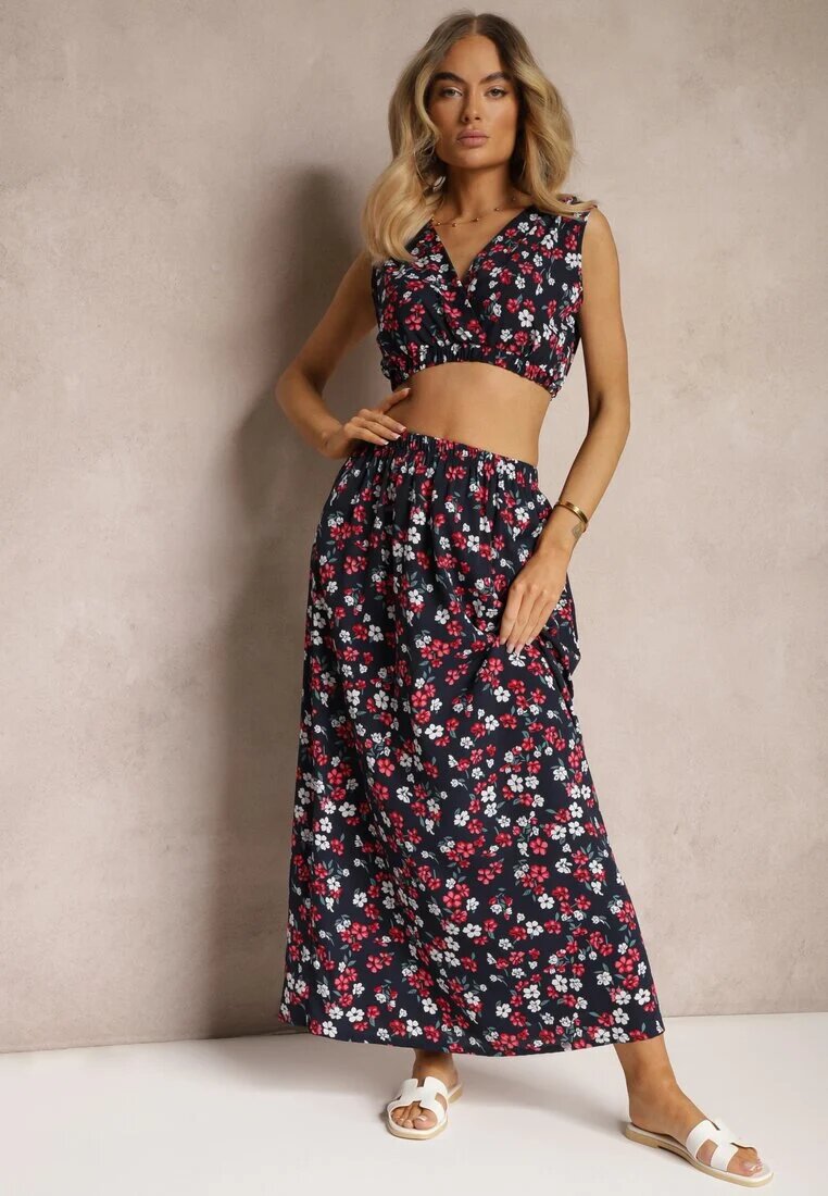  Set Bleumarin-Roșu Două Piese Top Fără Mâneci Fustă cu Elastic în Talie cu Flori Dimanisa