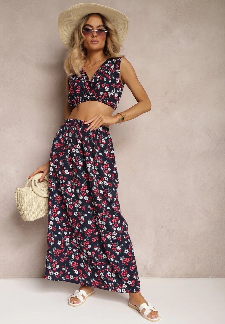  Set Bleumarin-Roșu Două Piese Top Fără Mâneci Fustă cu Elastic în Talie cu Flori Dimanisa