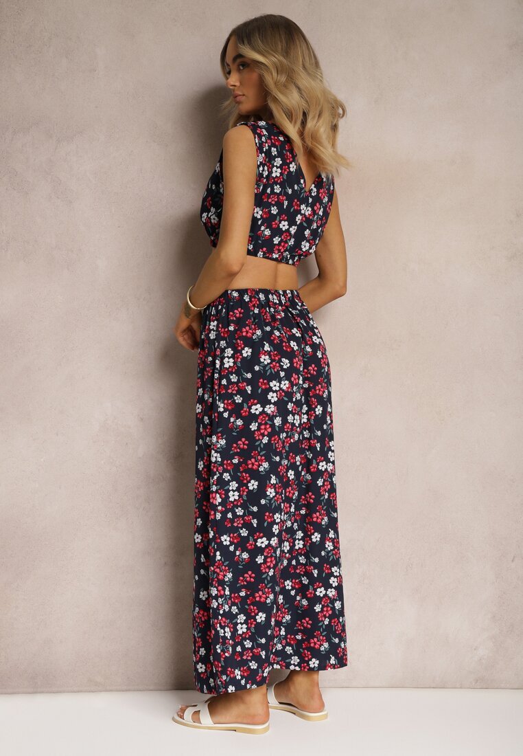  Set Bleumarin-Roșu Două Piese Top Fără Mâneci Fustă cu Elastic în Talie cu Flori Dimanisa