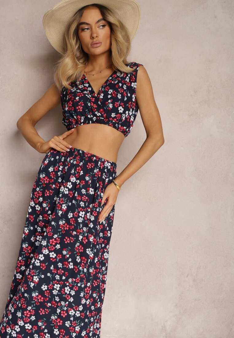  Set Bleumarin-Roșu Două Piese Top Fără Mâneci Fustă cu Elastic în Talie cu Flori Dimanisa
