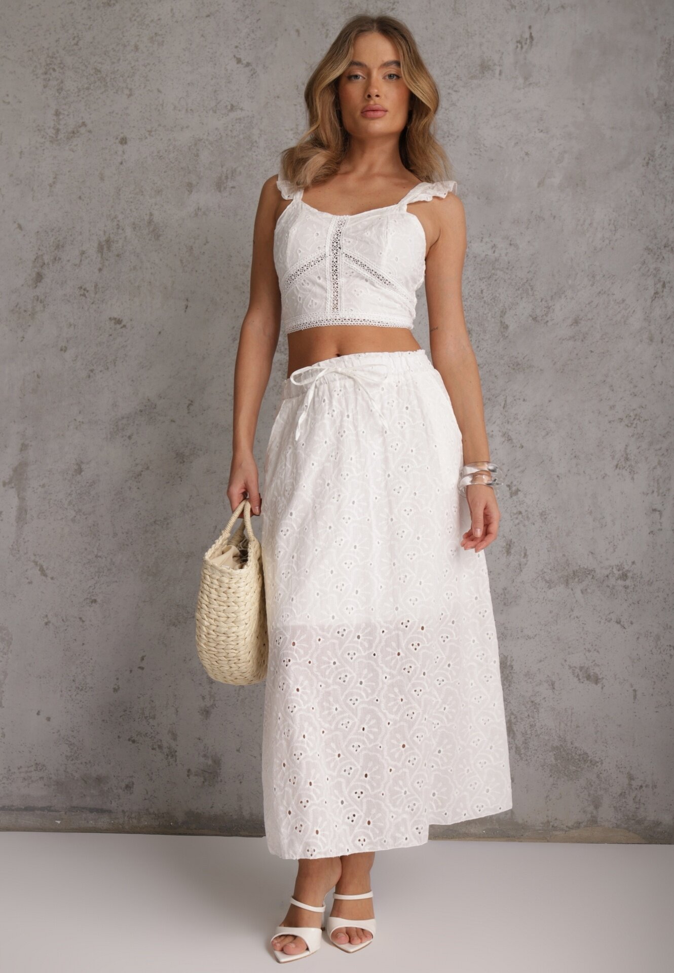  Set Boho Alb Top din dantelă cu bretele Fustă cu elastic în talie Evoolia