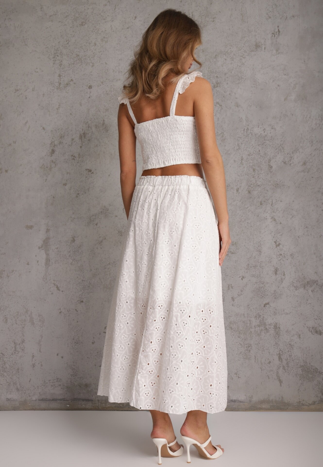  Set Boho Alb Top din dantelă cu bretele Fustă cu elastic în talie Evoolia