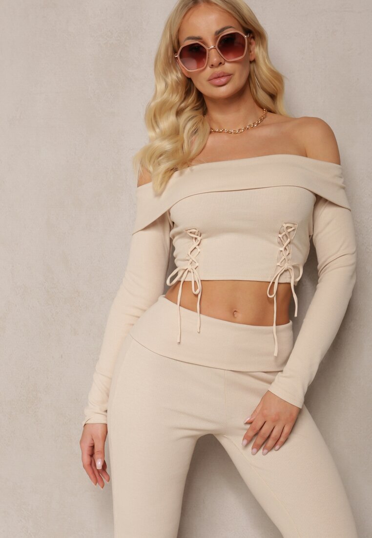  Set Casual Bej cu Bluză Carmen cu Curelușe și Pantaloni Elastici Clopot din Bumbac Marata