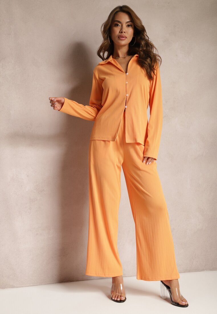  Set Casual Portocaliu Pantaloni Largi cu elastic în talie și Cămașă Sansia