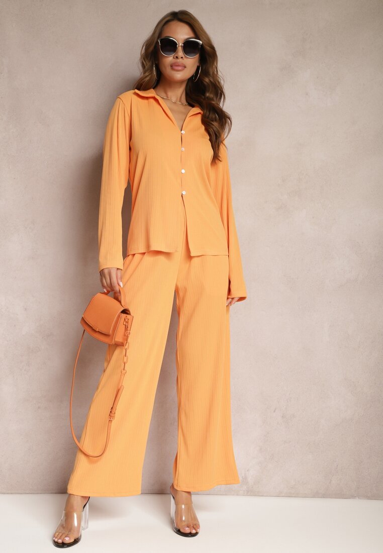  Set Casual Portocaliu Pantaloni Largi cu elastic în talie și Cămașă Sansia