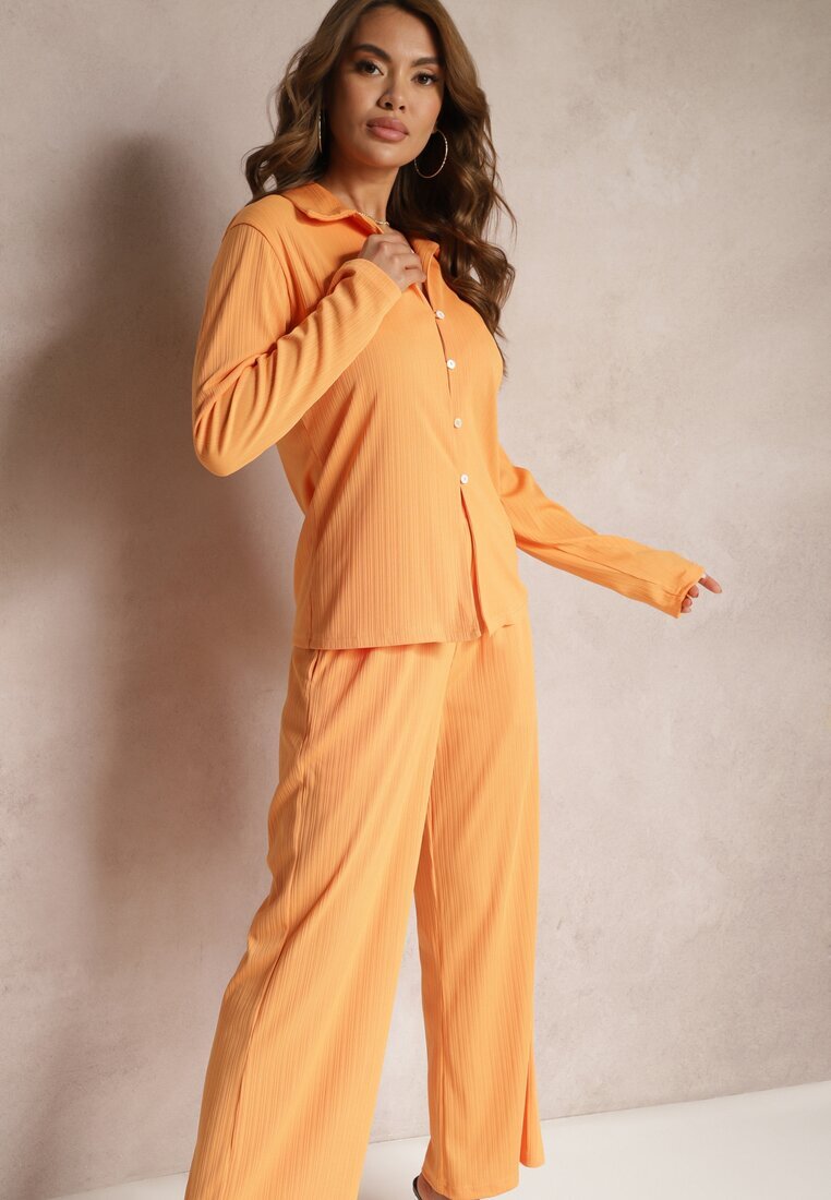  Set Casual Portocaliu Pantaloni Largi cu elastic în talie și Cămașă Sansia