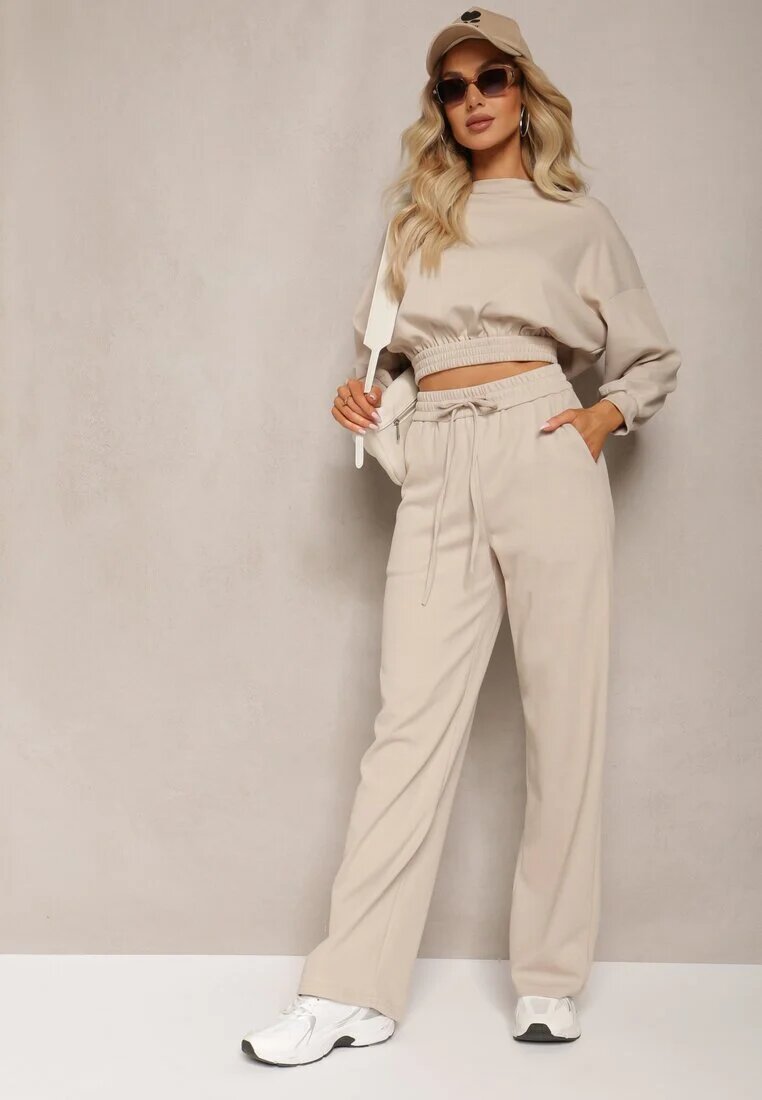  Set de bumbac Bej Bluză scurtă cu bordură elastică și Pantaloni largi cu șnur în talie Rionnea