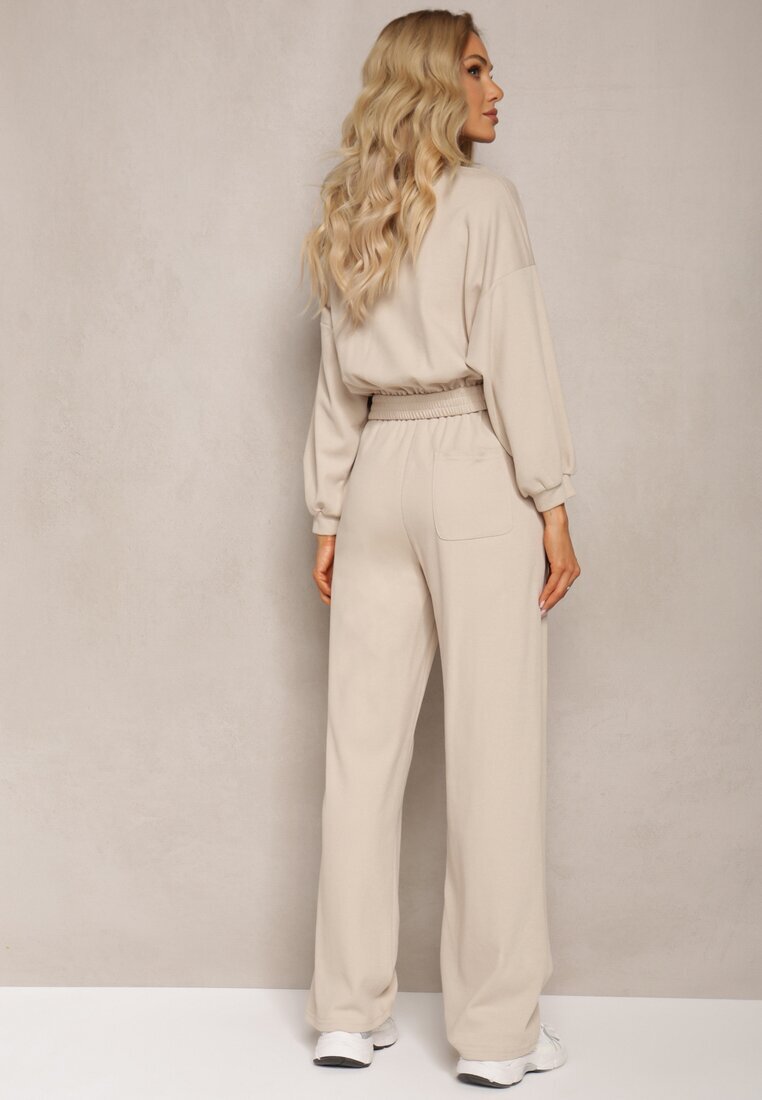 Set de bumbac Bej Bluză scurtă cu bordură elastică și Pantaloni largi cu șnur în talie Rionnea