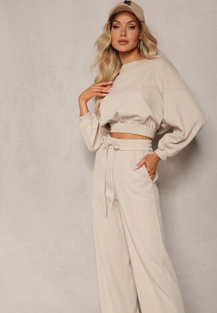  Set de bumbac Bej Bluză scurtă cu bordură elastică și Pantaloni largi cu șnur în talie Rionnea