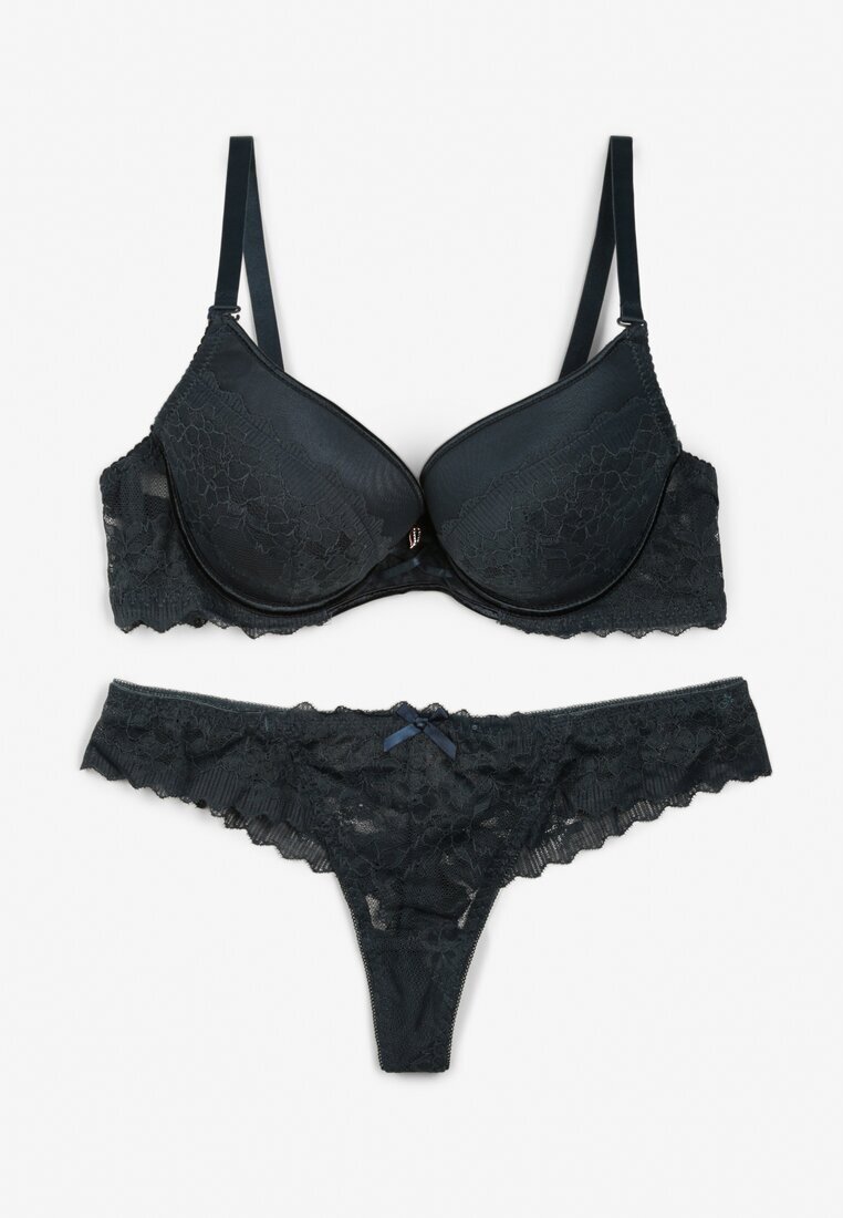  Set de lenjerie dantelat verde închis cu sutien întărit push-up și chiloți tanga Jasminesa