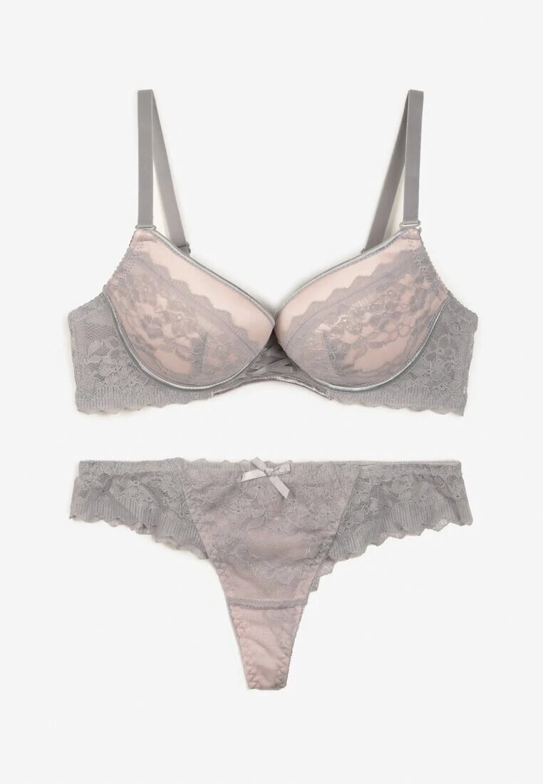  Set de lenjerie din dantelă gri Sutien întărit Push Up și Chiloți tanga Jasminesa