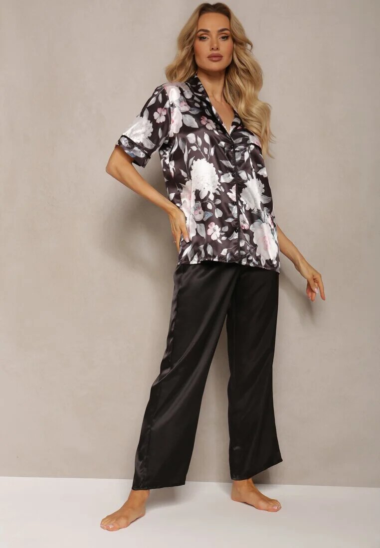  Set de Pijamale Negru din Material Satinat Cămașă cu Mânecă Scurtă și Pantaloni Lungi Eneserea