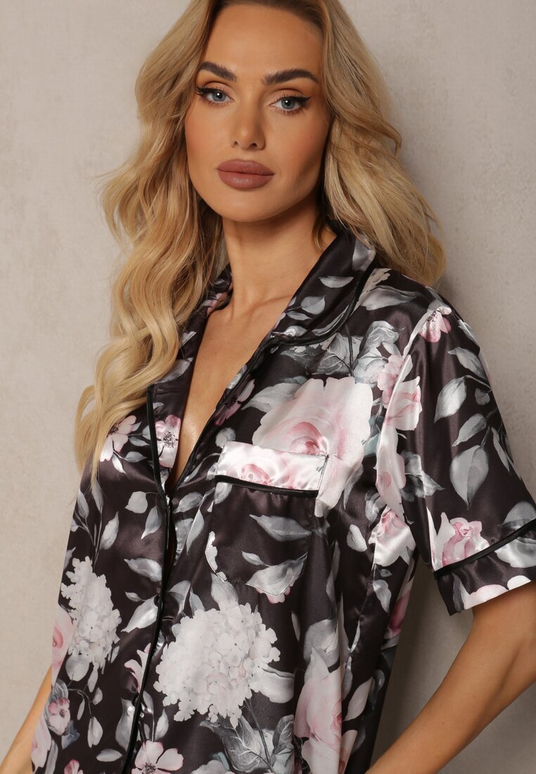  Set de Pijamale Negru din Material Satinat Cămașă cu Mânecă Scurtă și Pantaloni Lungi Eneserea