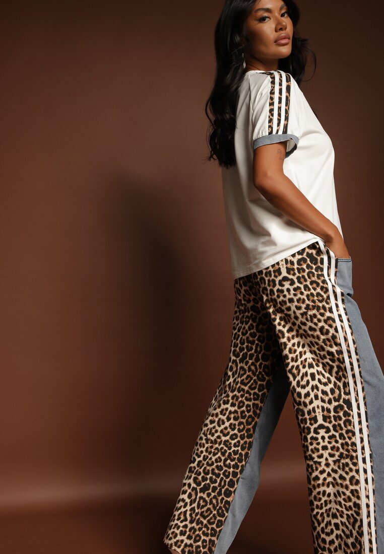  Set de Trening Alb din Bumbac cu Pantaloni și Bluză cu Imprimeu Leopard și Lampasuri Eltebira